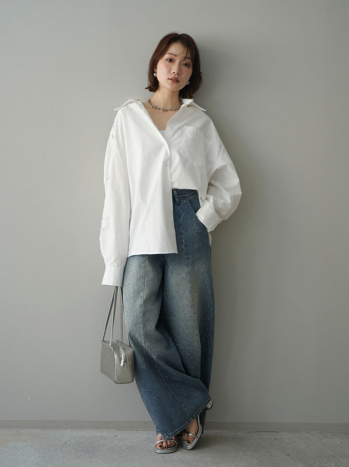 [SET]アームレースブロードシャツ+フロントビジューカーブデニムパンツ(2set)