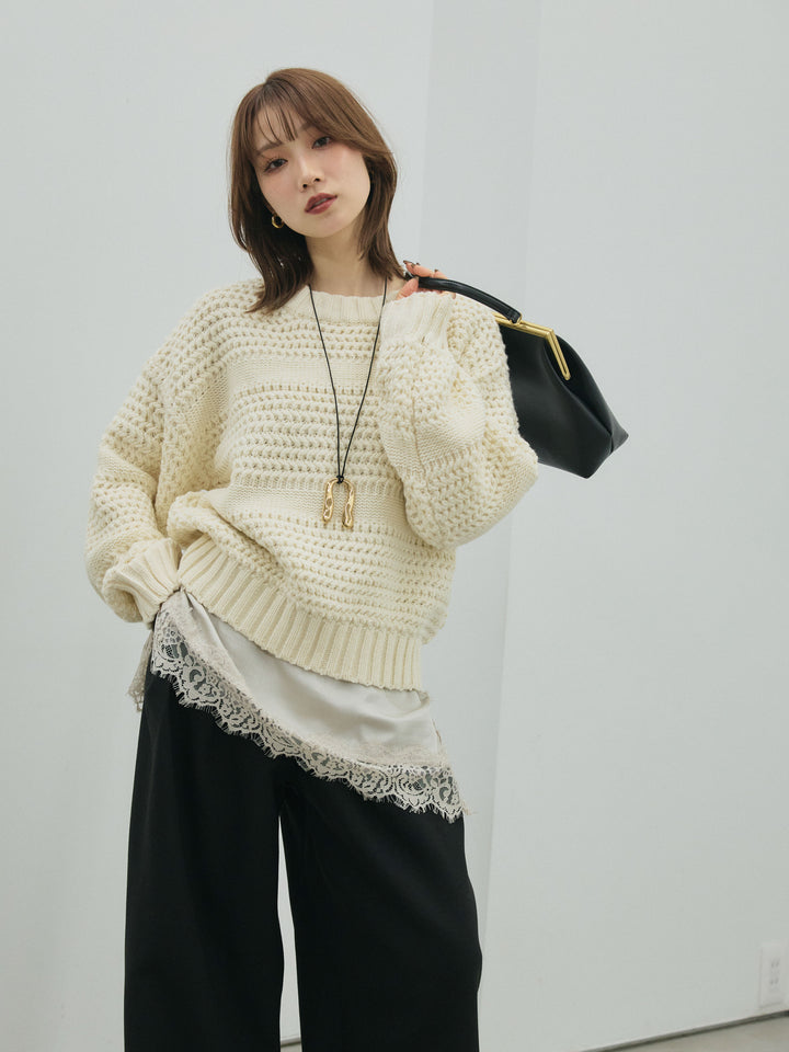 【Allure】[SET]ライン編みニットプルオーバー+ループデザインツイルワイドパンツ+サテンレースキャミソール(3set)