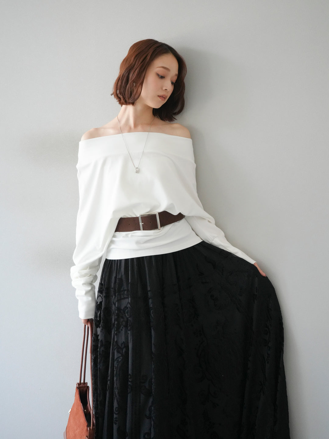 [予約]ベルト付オフショルカットソー/ホワイト