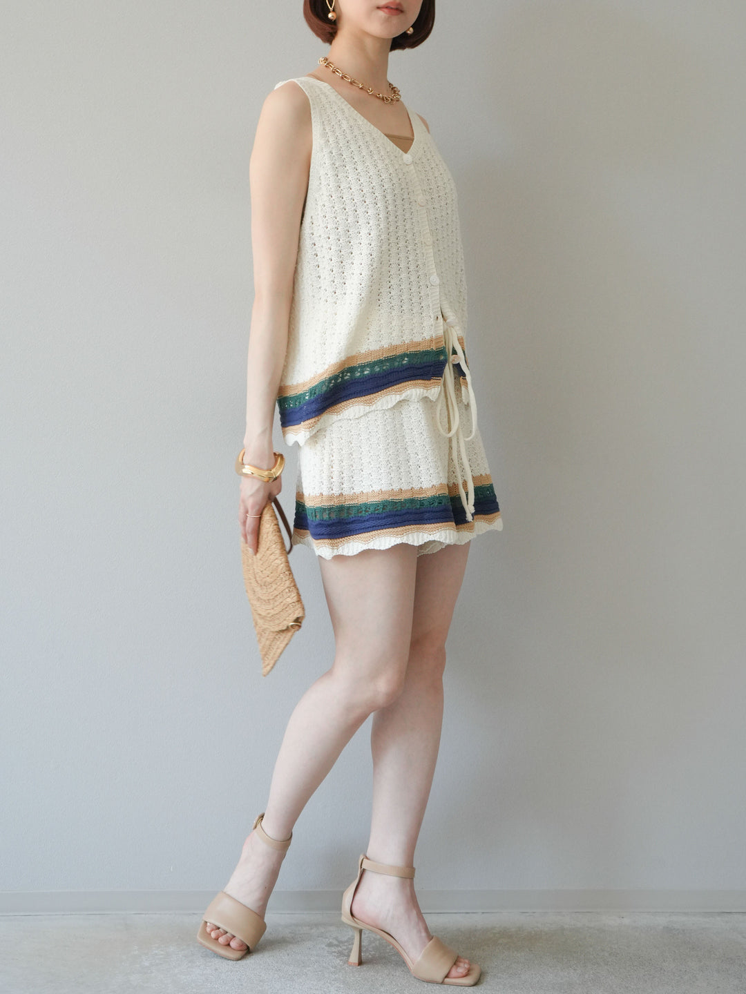 [SET]裾マルチボーダーニットベスト＆ショートパンツ SET UP(2set)