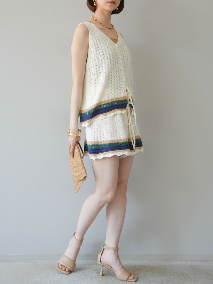 [SET]裾マルチボーダーニットベスト＆ショートパンツ SET UP(2set)