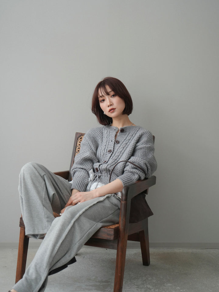 [予約]裾レースケーブルニットカーディガン/gray