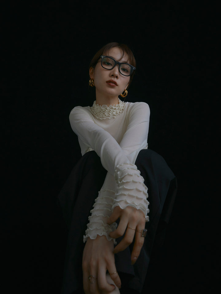 【Allure】[SET]シアーフリルメロートップス+タフタワイドカーブパンツ(2set)