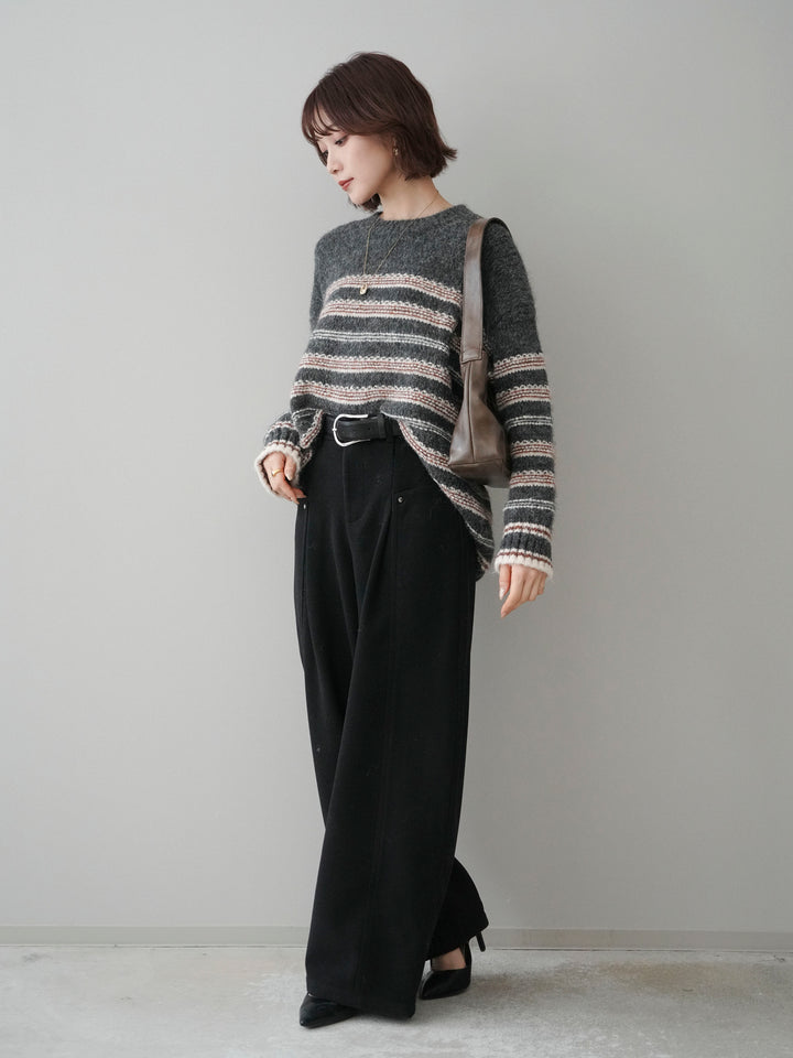 [SET]ステッチボーダーニットプルオーバー+ベルト付起毛コクーンパンツ(2set)