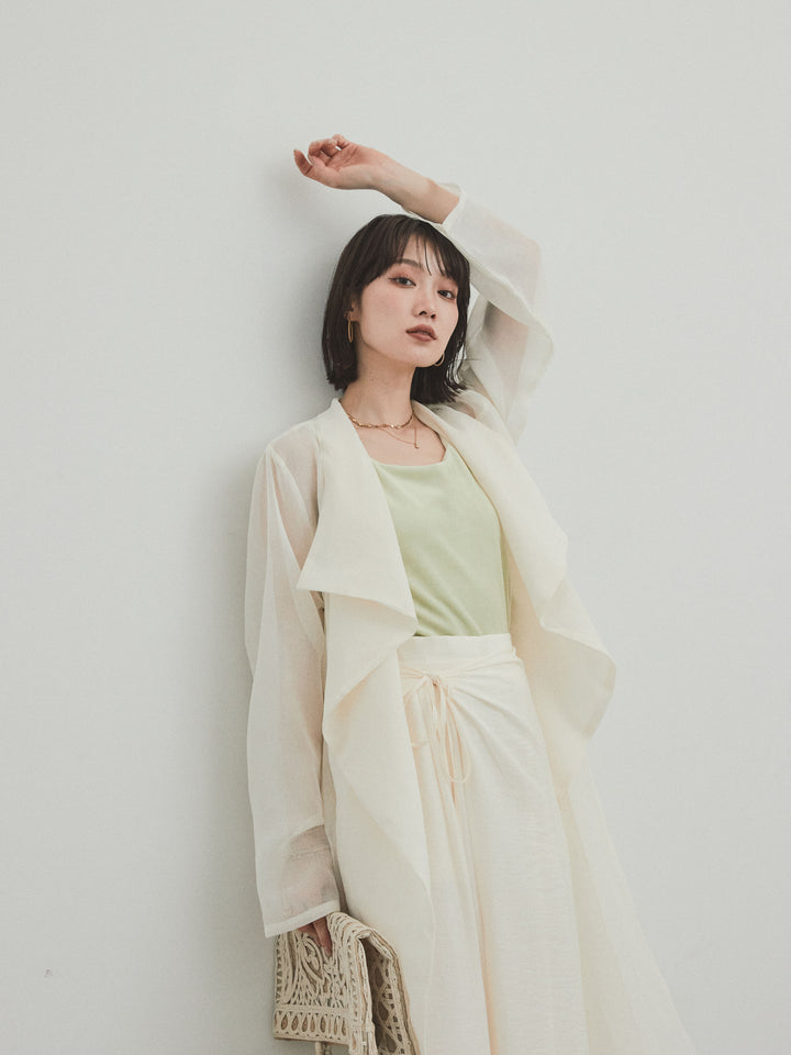 [SET] 方形天鵝絨背心 + 水洗緞層疊裙褲 + 透視長外套 (3 件套)