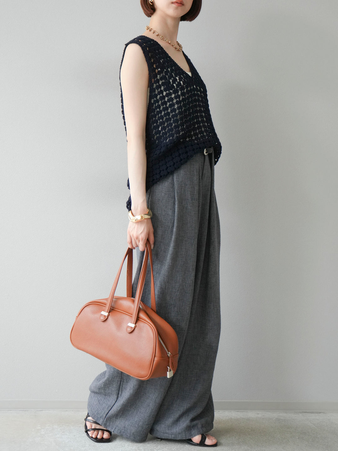 [予約]リネンライクベルト付タックループワイドパンツ/ブラック