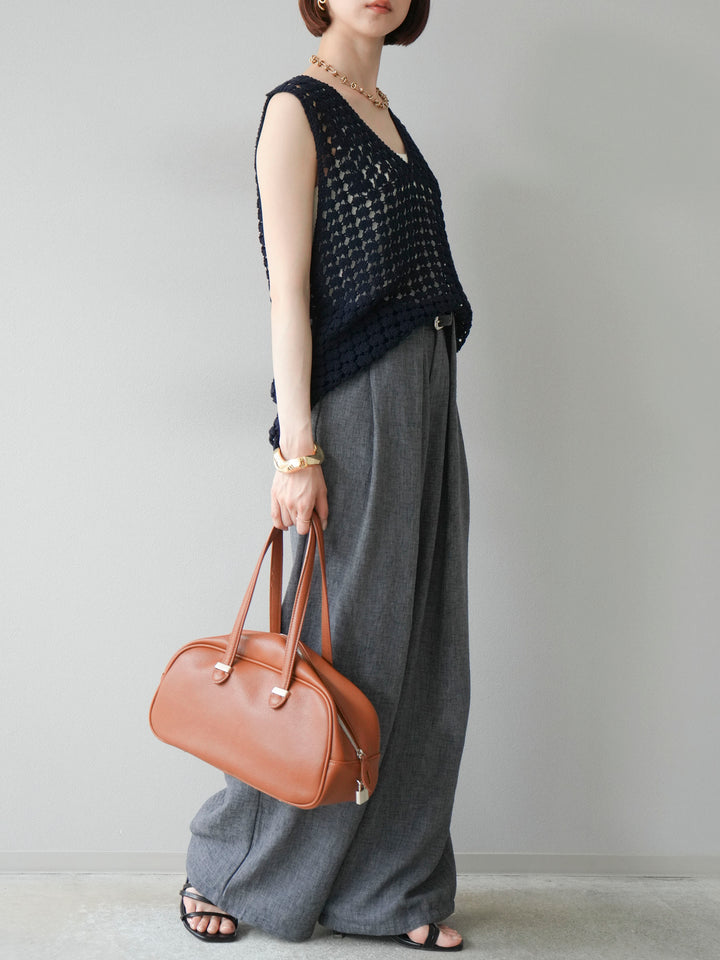 [予約]リネンライクベルト付タックループワイドパンツ/ブラック