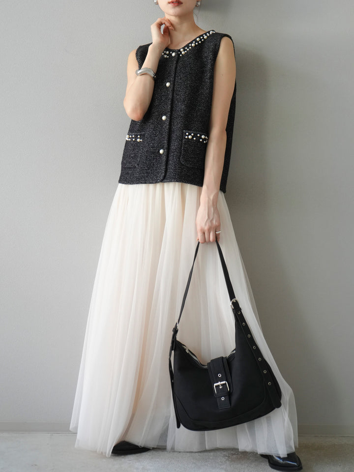 [予約]パールデザインツイードライクニットベスト/ブラック