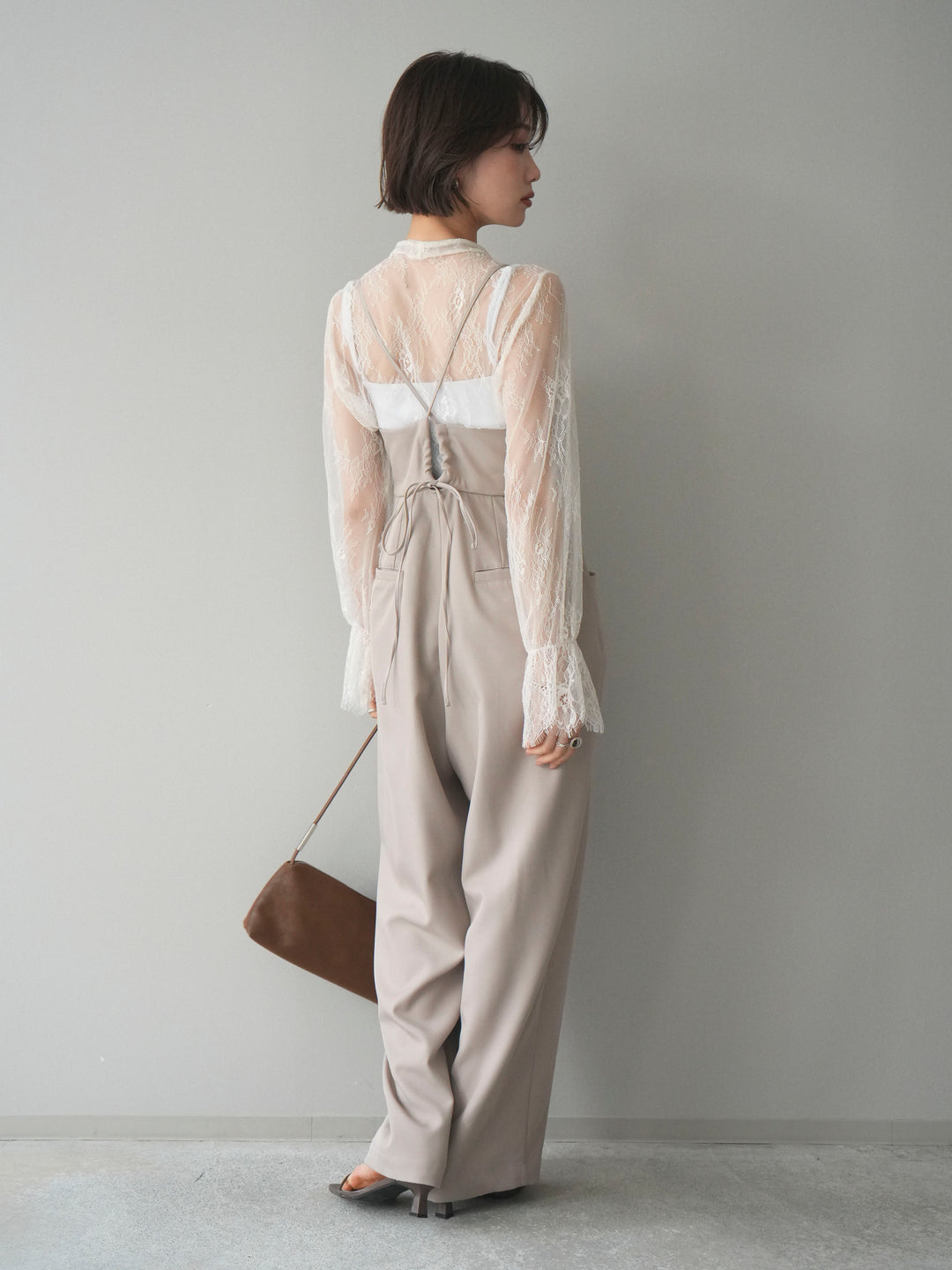 [SET]バックデザインサロペット+リバーレースボウタイトップス(2set)