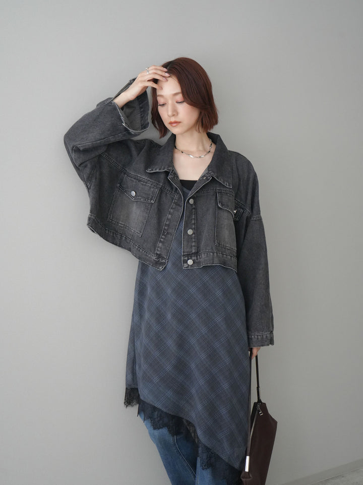 【套裝】牛仔短版襯衫外套+不對稱格紋蕾絲吊帶背心+流蘇半喇叭牛仔褲（三件套）