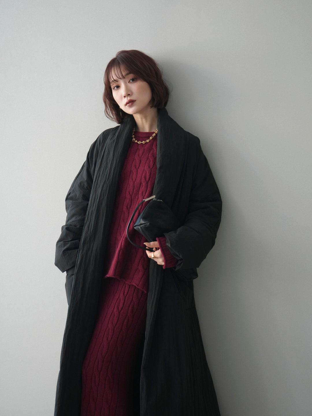 [SET]ストール付ケーブルニットプルオーバー&ロングスカートSET UP+ロングダウンコート(2set)