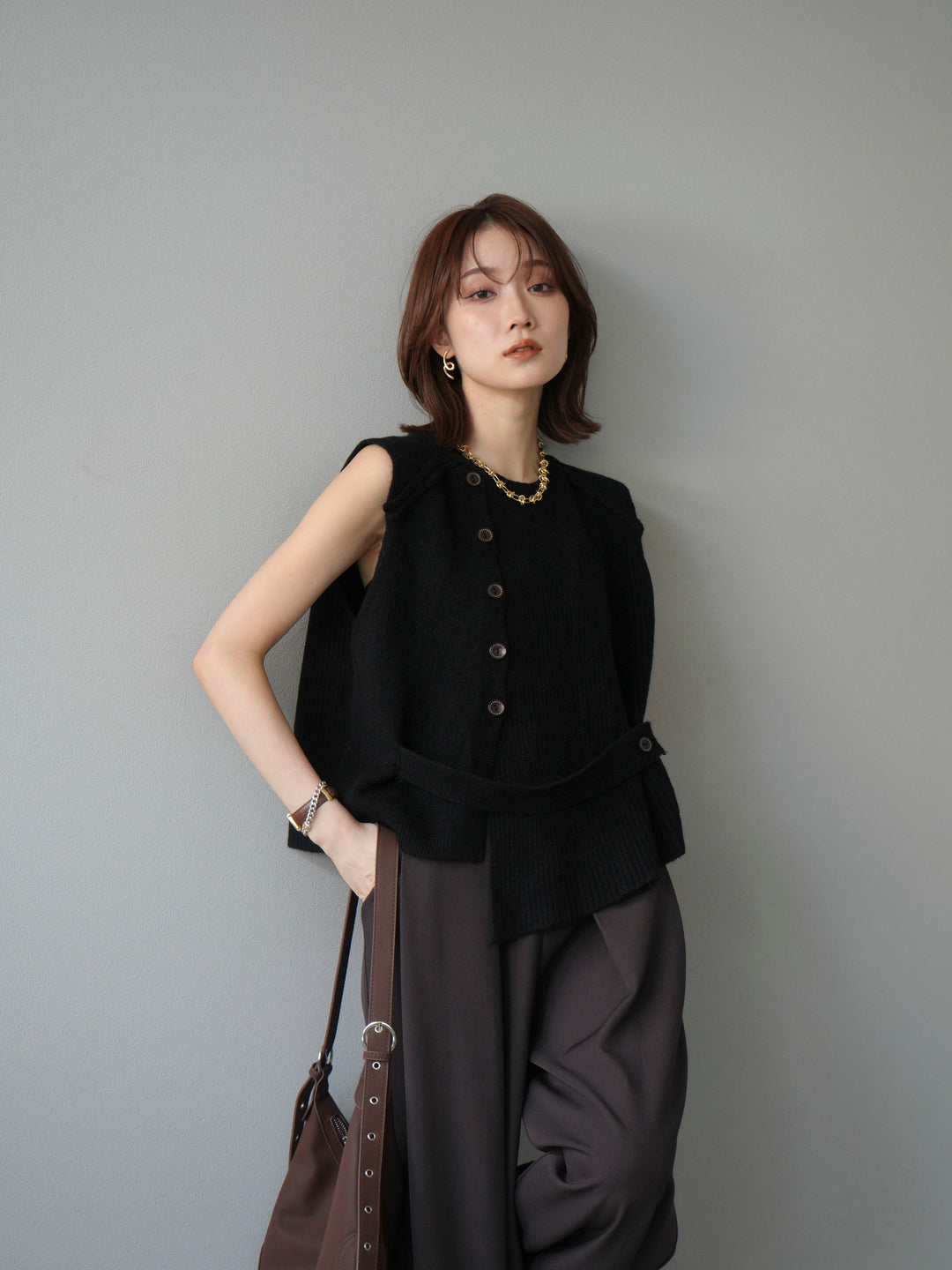 [予約]レイヤードボタンニットベスト/ブラック