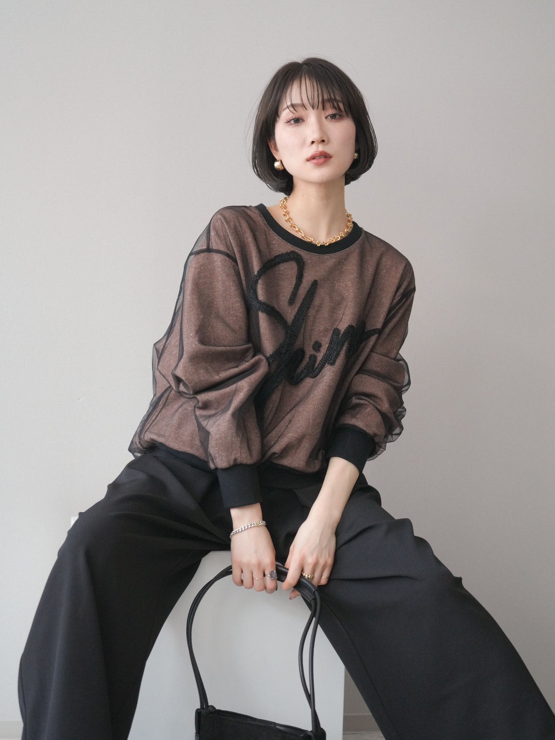 [SET]チュールレイヤードロゴスエットプルオーバー+選べるアクセセット(2set)