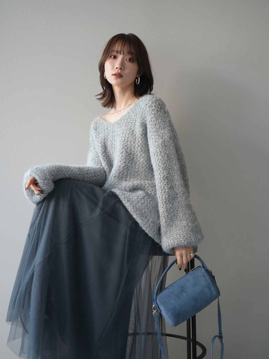 [予約]ウールタッチラメミックスヤーンVネックニットプルオーバー/lightgray