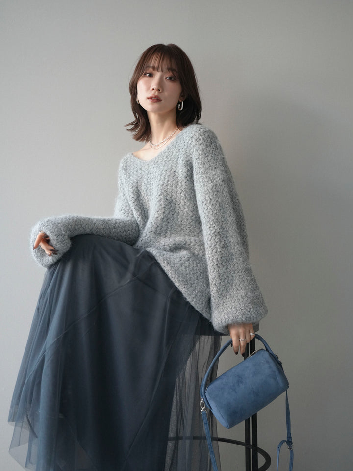 [予約]ウールタッチラメミックスヤーンVネックニットプルオーバー/lightgray