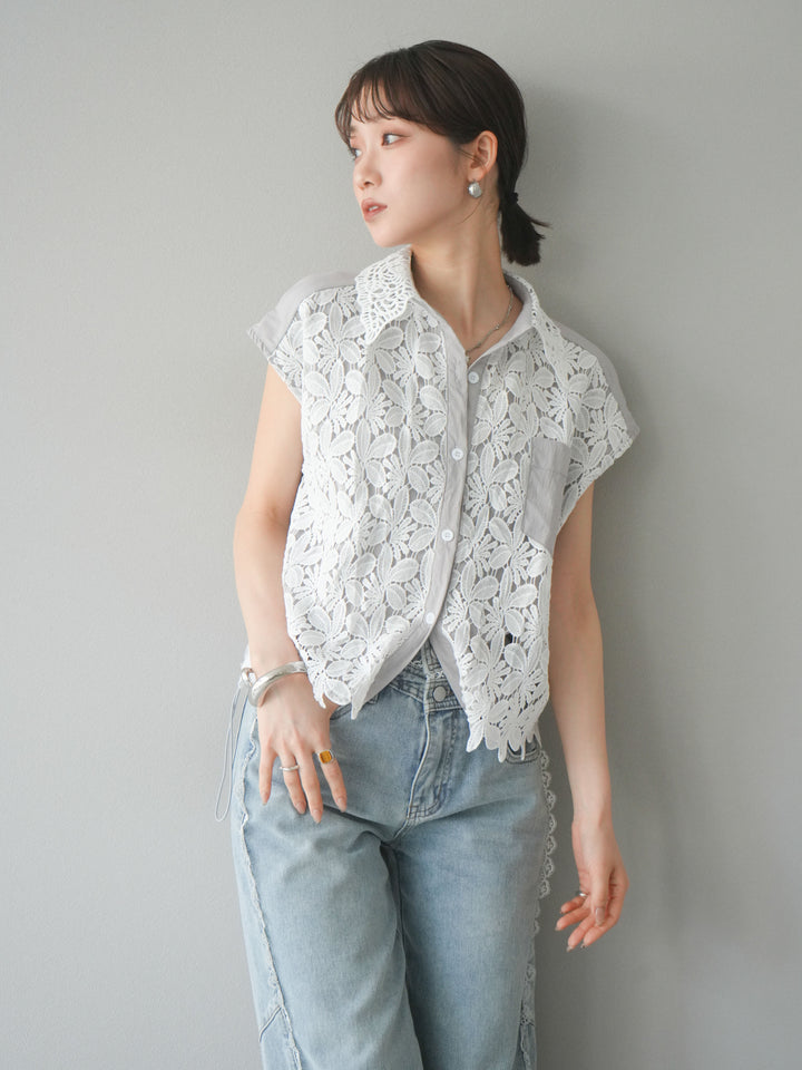 [予約]レースレイヤードドロストシャツ/グレー