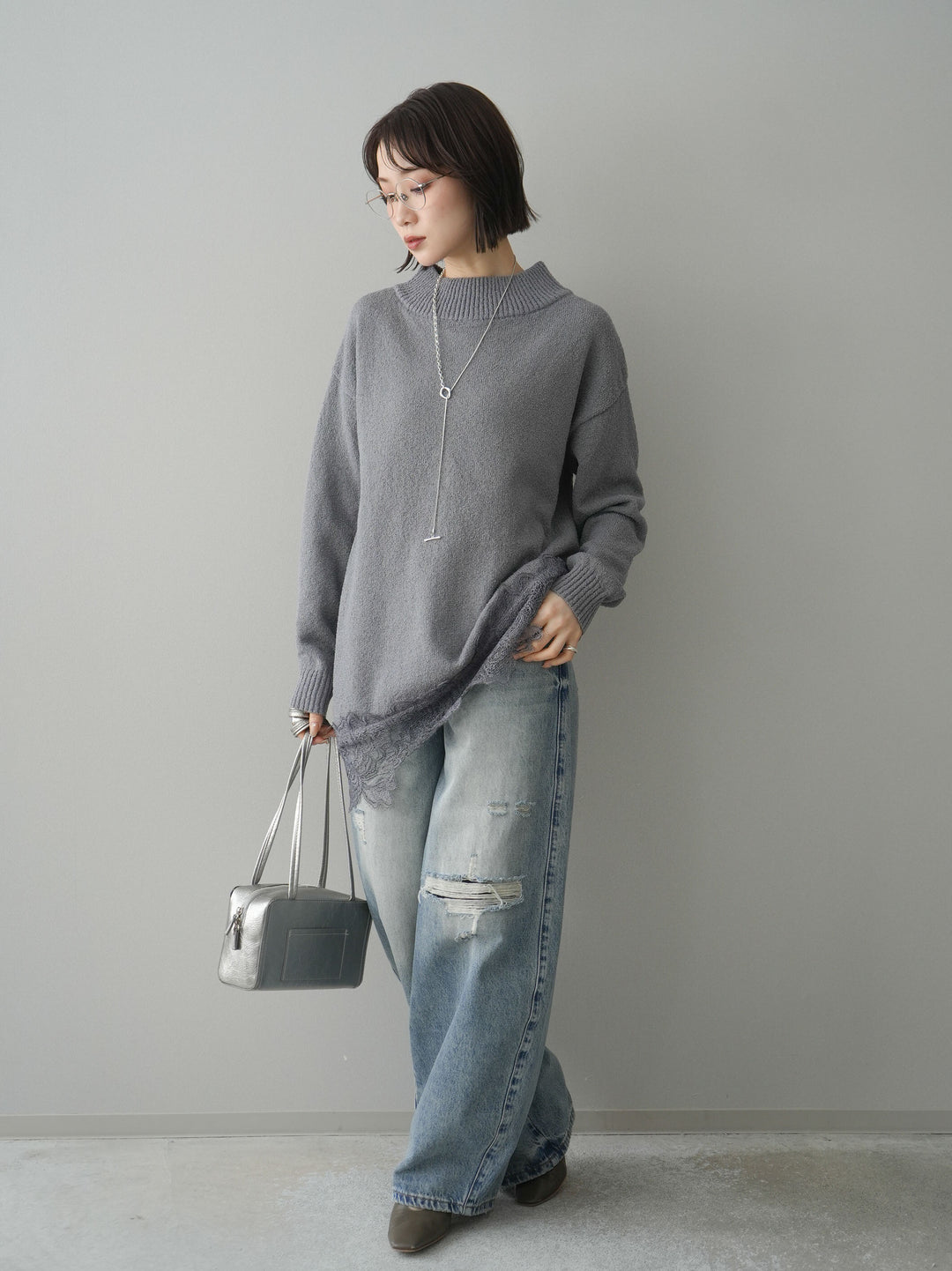 [SET]アシンメトリーレースヘムニットプルオーバー+ダメージデニムセミワイドパンツ(2set)