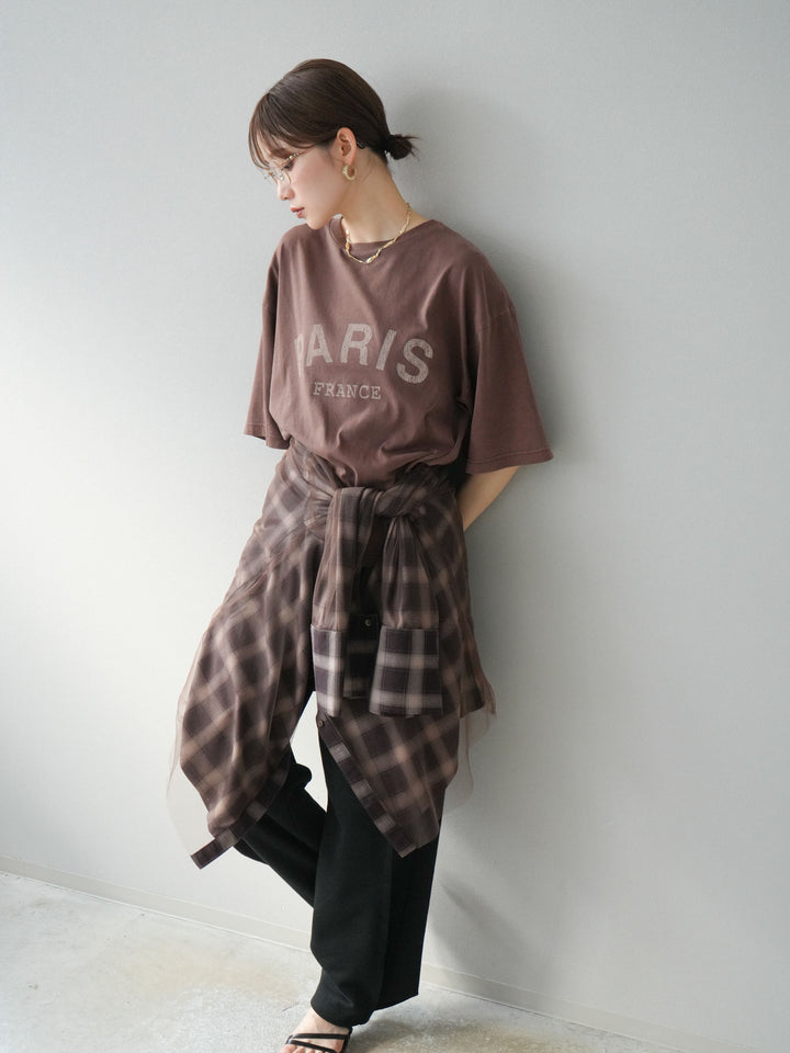 [SET]ピグメントロゴプリントTシャツ+2WAYデザインスウェットパンツ+チュールドッキングチェック柄オーバーサイズシャツ(3set)