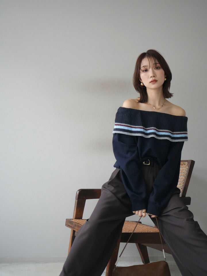 [予約]ボーダーニットオフショルダーxスウェットプルオーバー/navy
