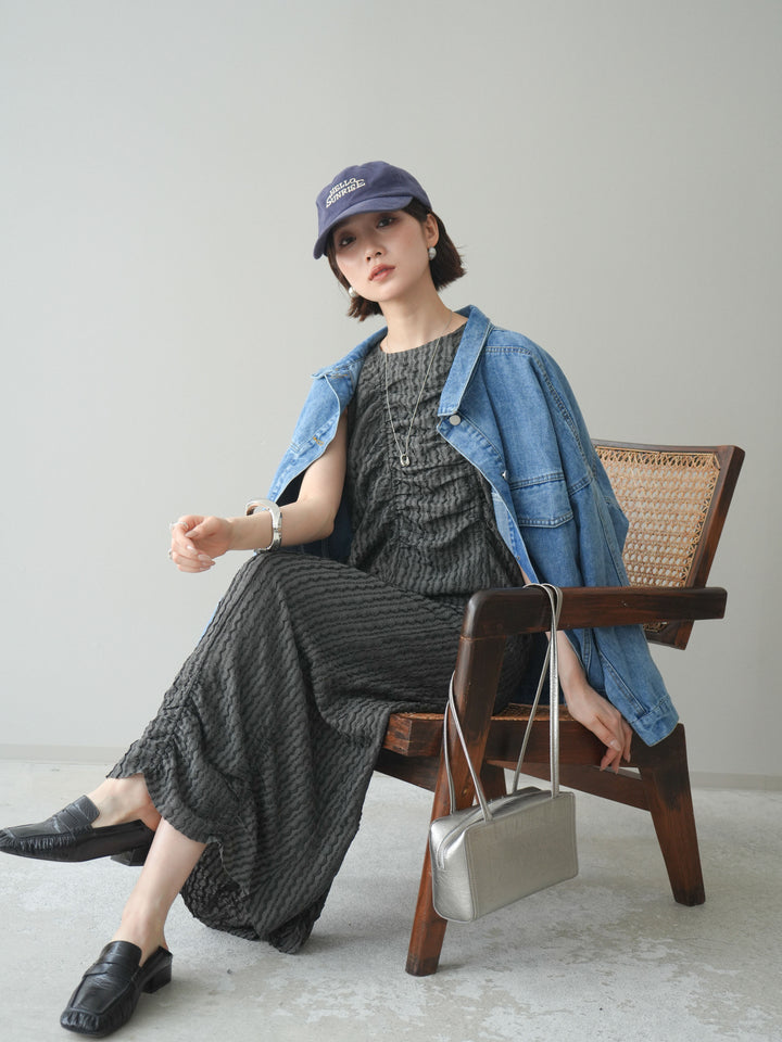 [SET]シャーリングジャガードノースリーブワンピース+ルーズシルエットデニムジャケット(2set)