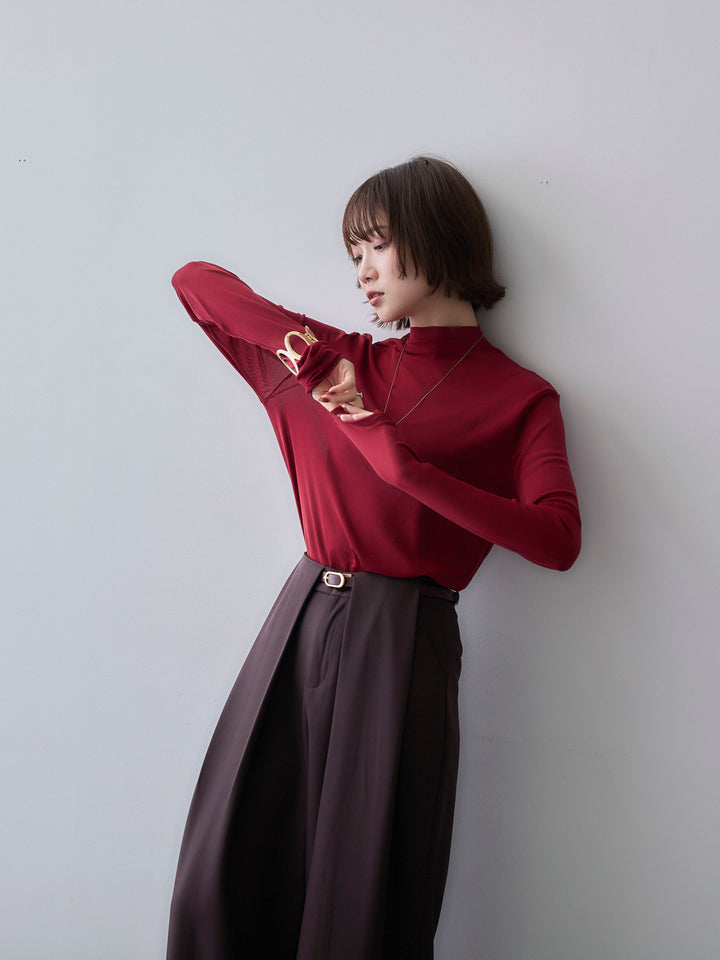 [SET]メッシュボトルネックトップス+ベルトループデザインワイドパンツ(2set)