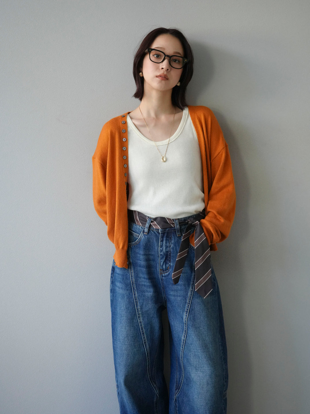 [予約]デザインボタンニットカーディガン＆タンクトップSET/オレンジ