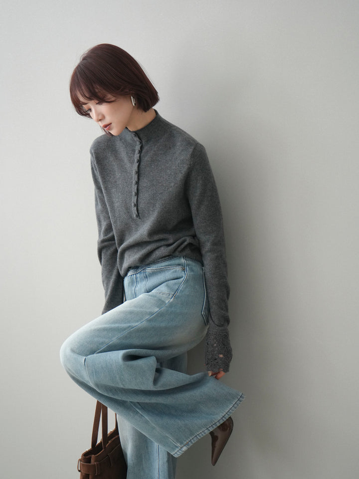 [予約]袖スカラップレースフロントボタンウールニットトップス/gray