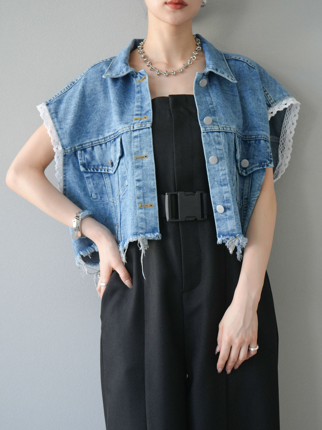 【預購】混色斜紋腰帶熊圖案工裝褲/黑色