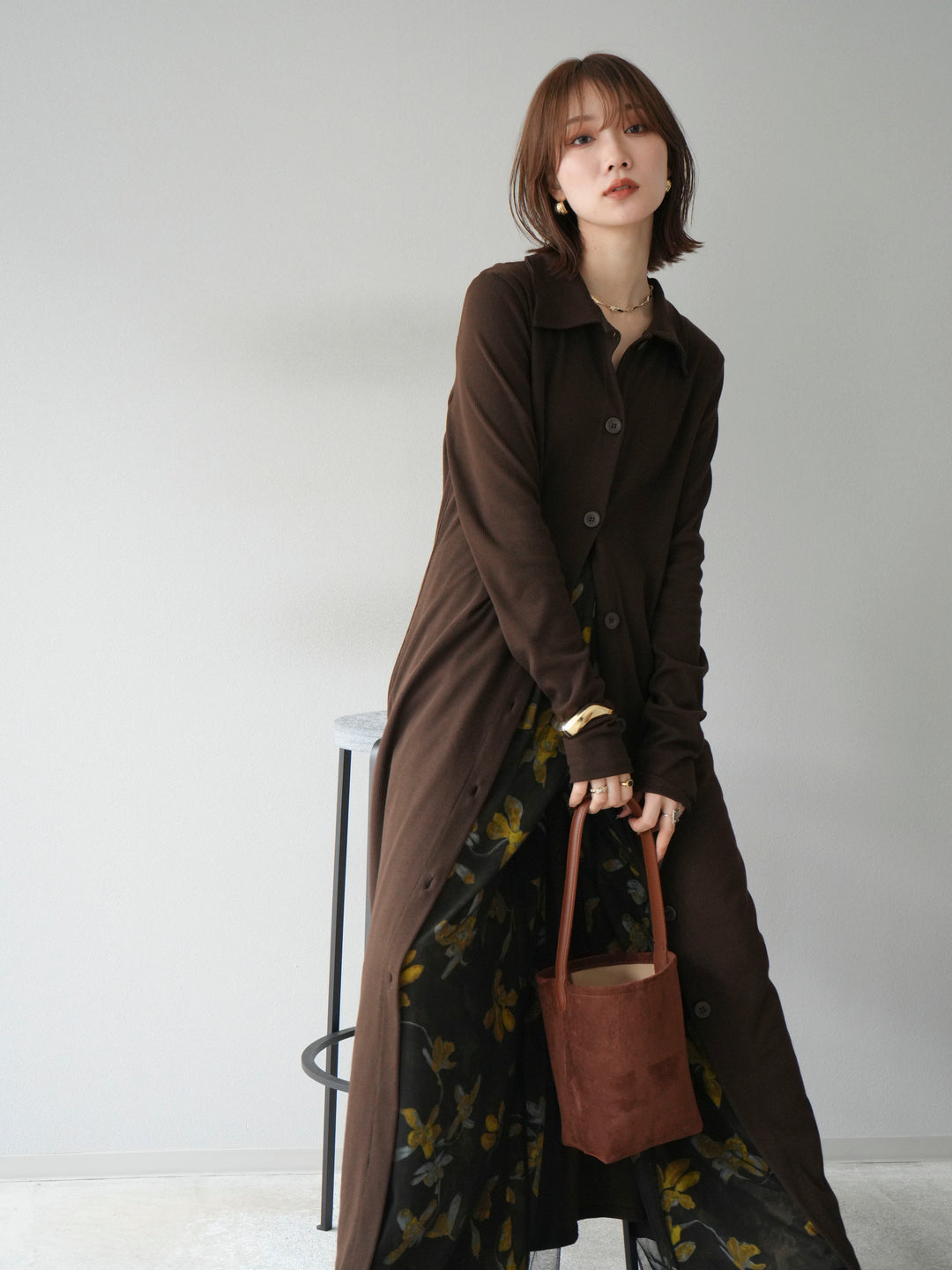 [SET]襟付きカットリブボタンワンピース+フラワープリントチュールレイヤードパンツ(2set)