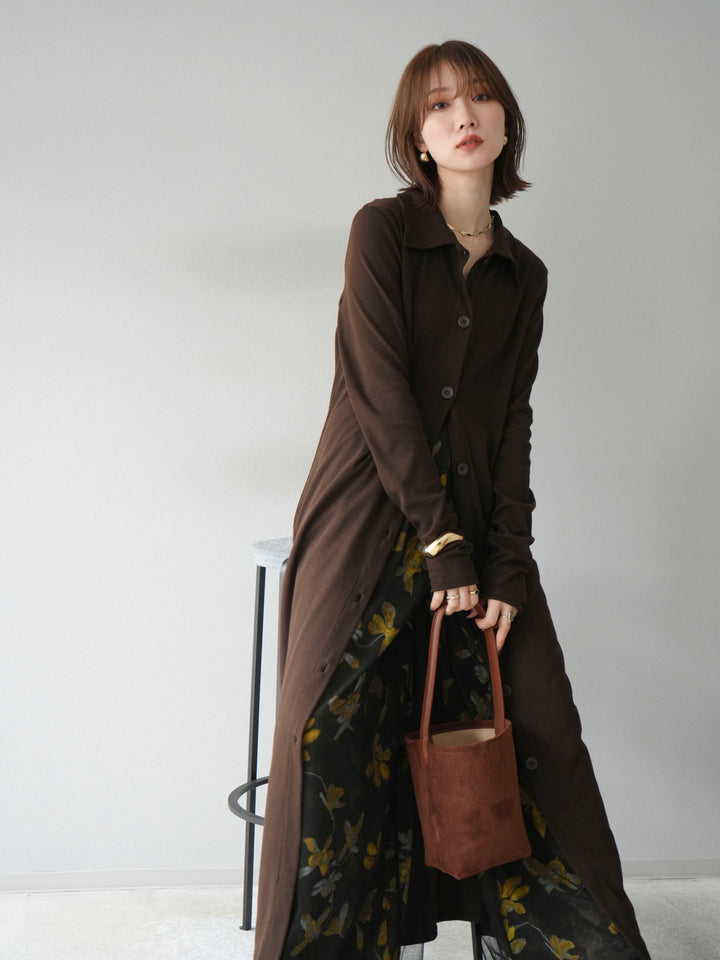 [SET]襟付きカットリブボタンワンピース+フラワープリントチュールレイヤードパンツ(2set)