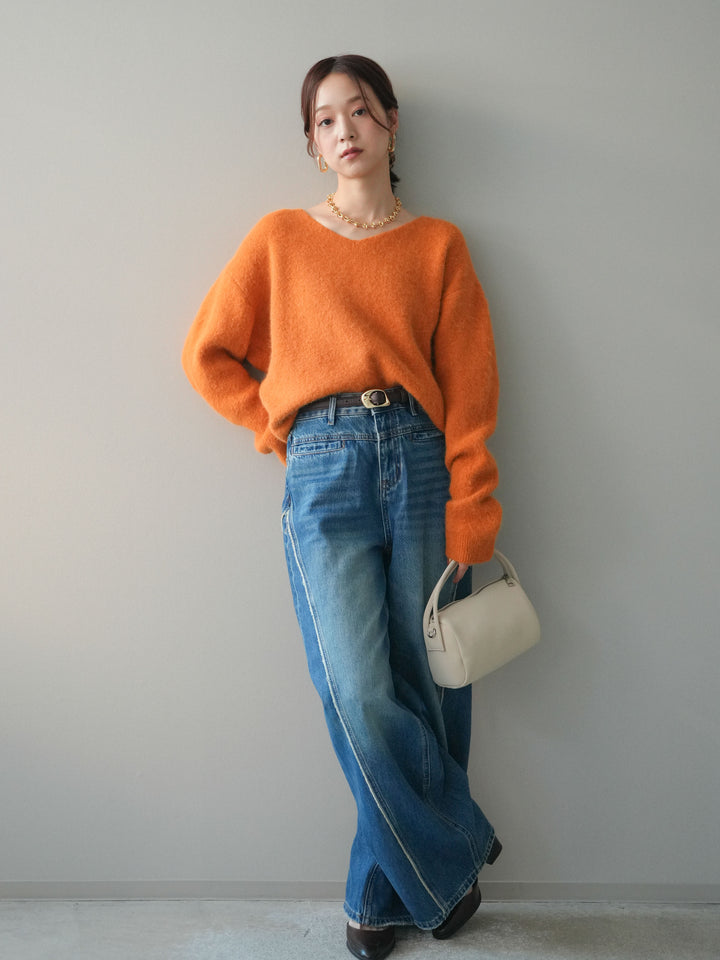 [予約]サイドフリンジワイドデニムパンツ/navy