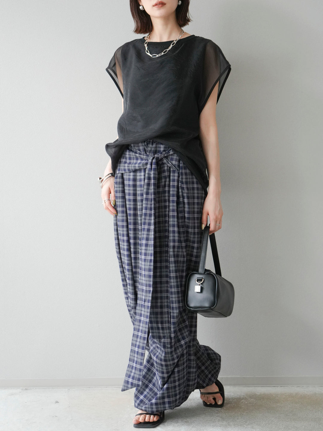 [予約]チェック柄ウエスト巻きドロストパンツ/ネイビー