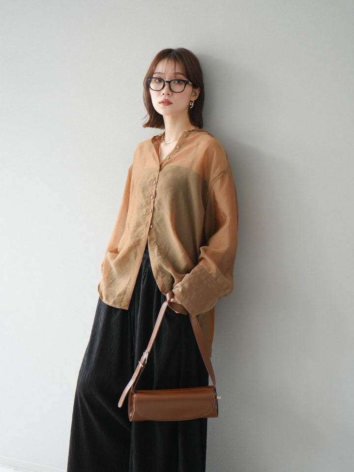 [SET] 亮面透視立領襯衫 + 柳葉寬褲 (2set)