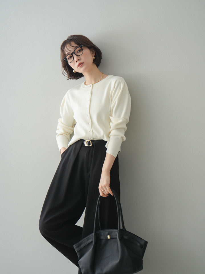 [SET]クリアボタンタックニットカーディガン+ベルトループデザインワイドパンツ(2set)