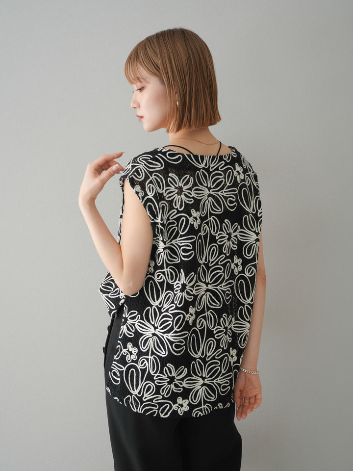 [予約]メッシュコード刺繍ベスト/ブラック