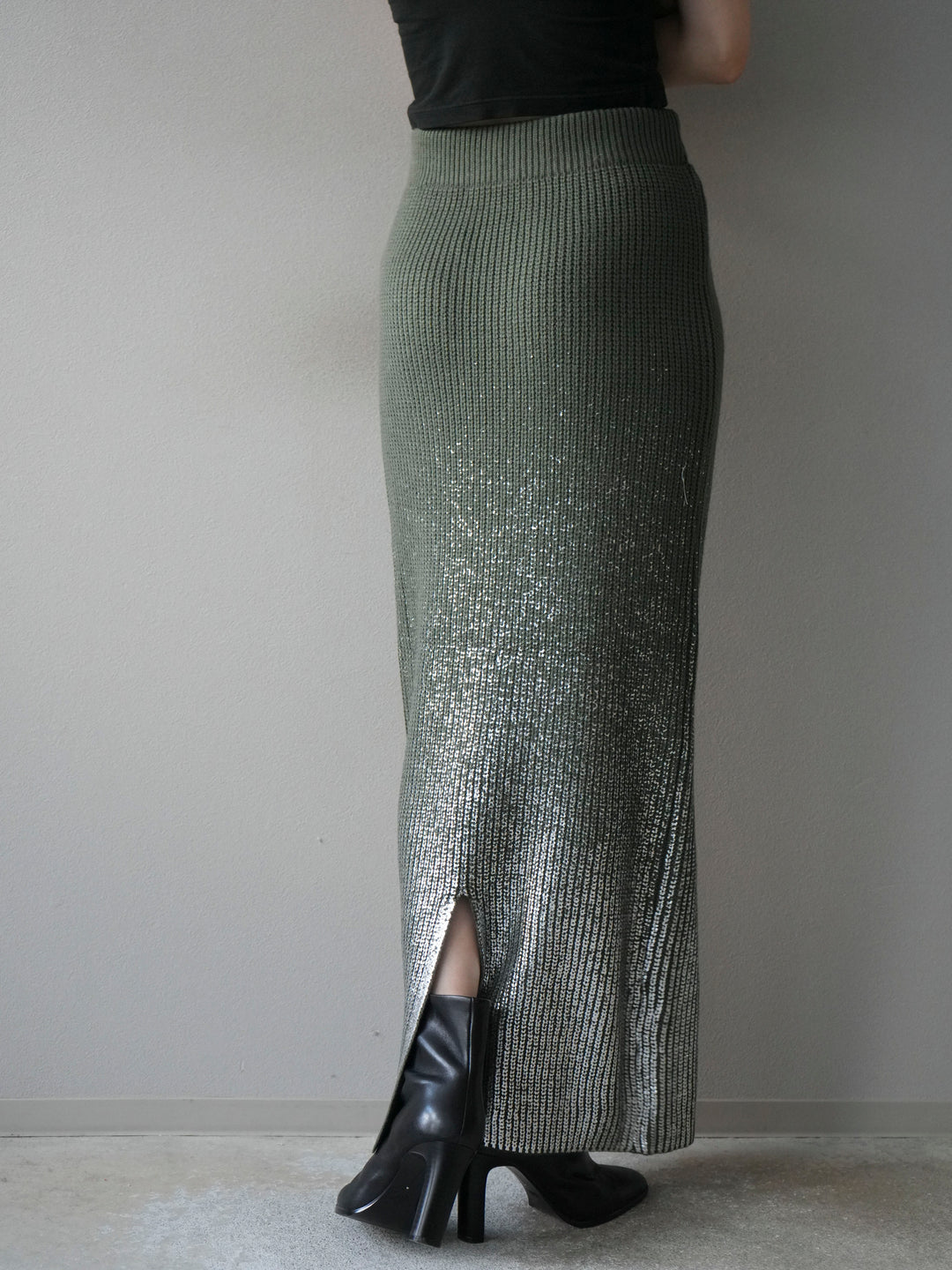 [予約]箔プリントニットタイトスカート/ashgreen