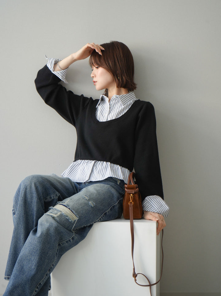 [予約]ストライプシャツUネックドッキングニットプルオーバー/blackoffstripe