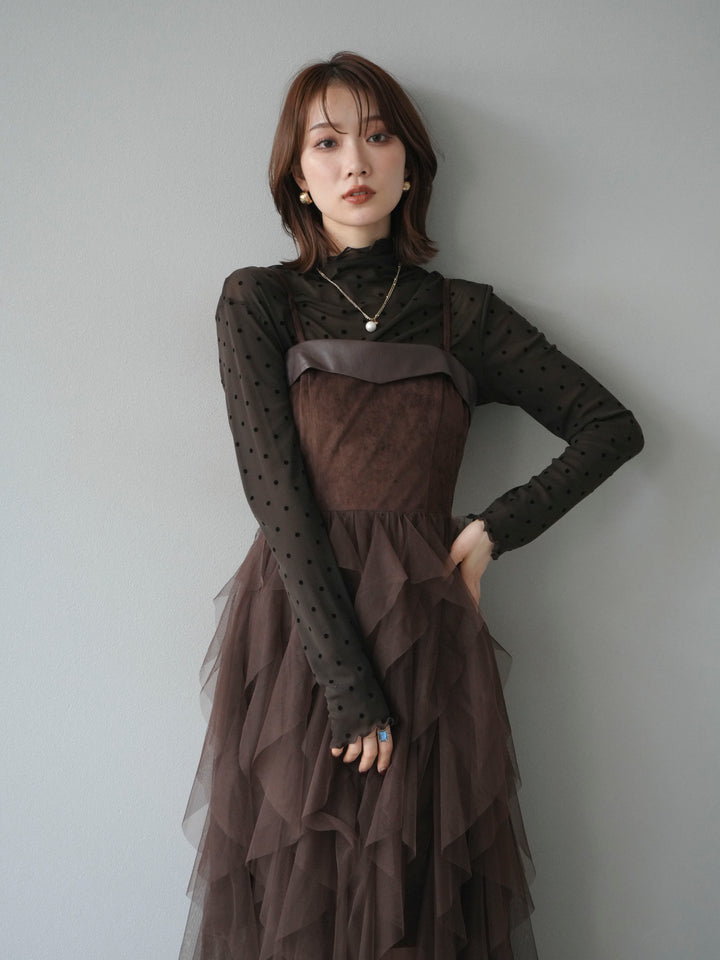 [予約]レザー切替チュールラッフルワンピース/brown