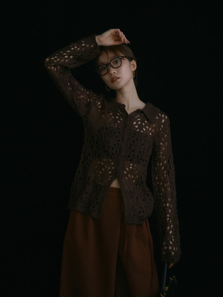 [予約]ローゲージ透かし編みポロニッカーディガン/ブラウン