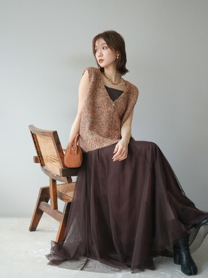 [予約]フロントZIPミックスニットベスト/キャメル