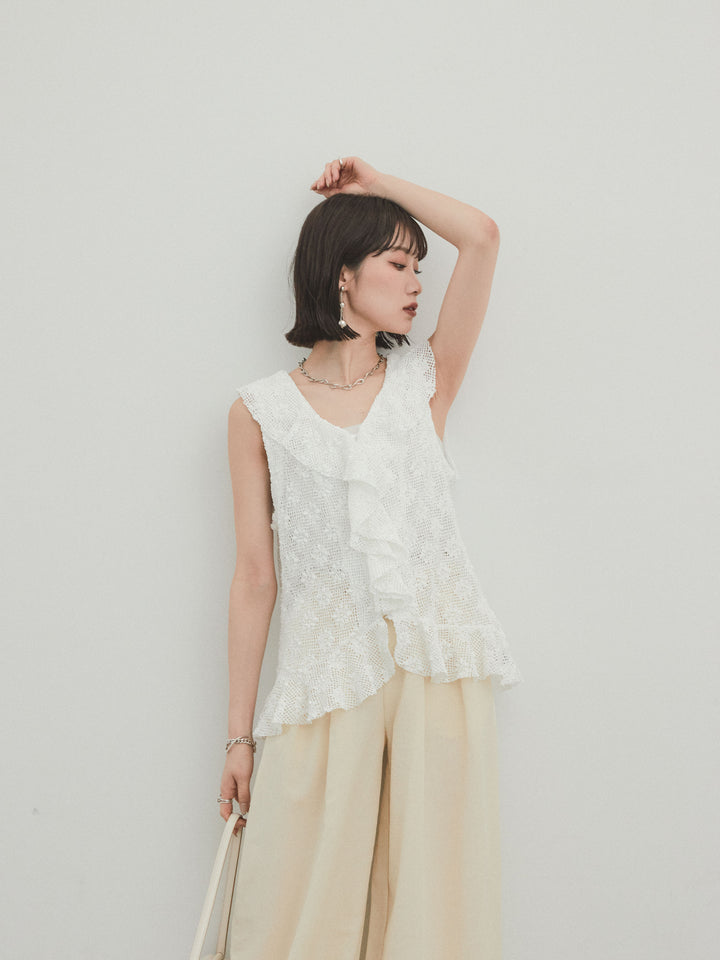 [SET]テープヤーンラッフルノースリトップス+リネンタッチタックワイドパンツ (2set)