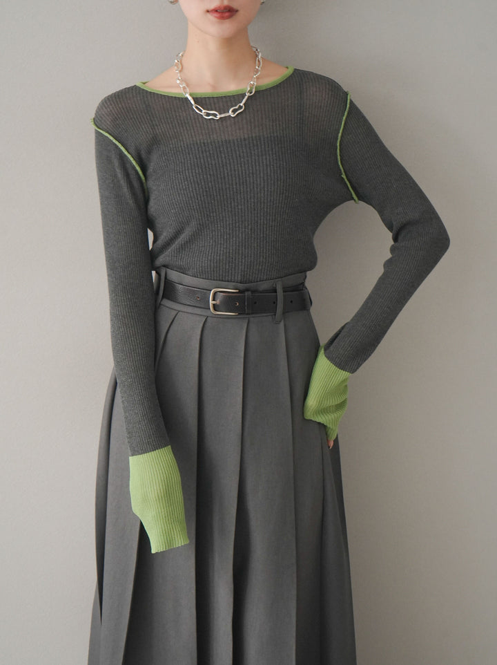 【預購】色彩協調的透明亞麻針織上衣/炭綠色