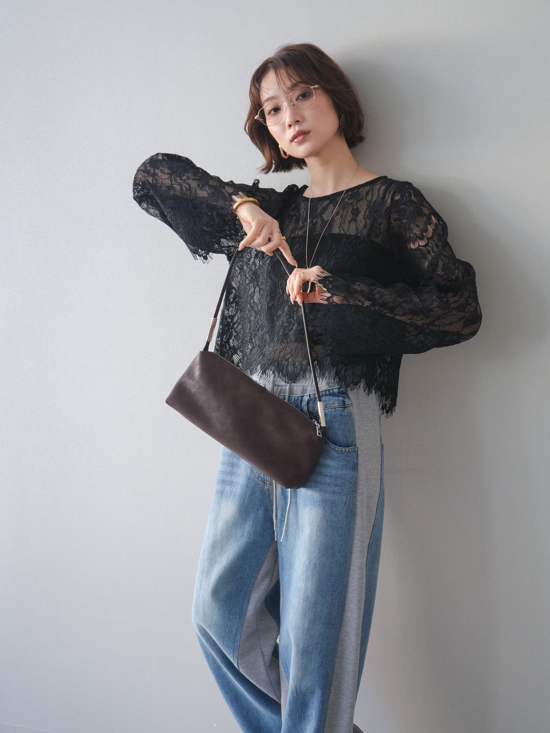 [SET]2WAYスリーブレーストップス+デニム切替スウェットパンツ(2set)