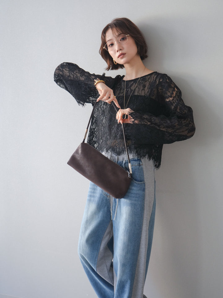 [SET]2WAYスリーブレーストップス+デニム切替スウェットパンツ(2set)