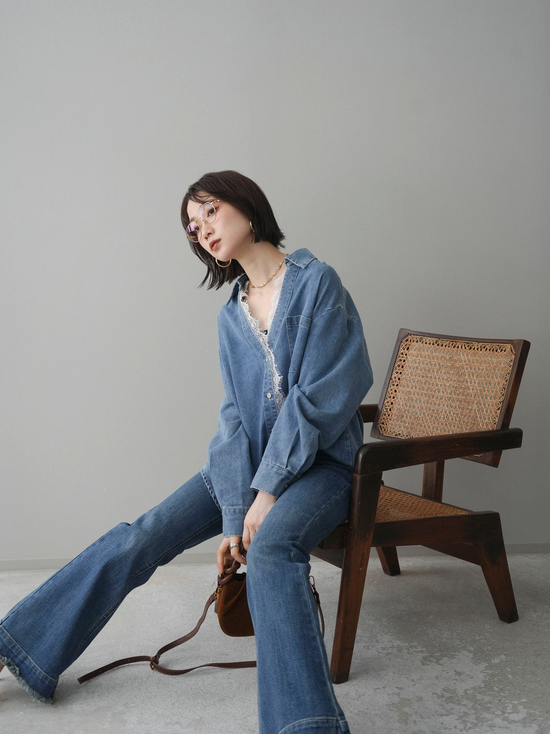 [SET]レースレイヤードデニム開襟シャツ+選べるアクセセット(2set)