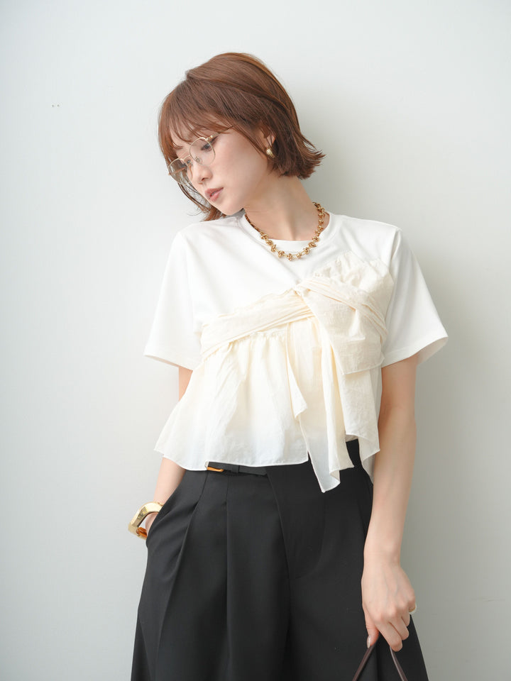 [SET]ナイロンドッキングツイストTEE +アシンメトリーベルトタックワイドパンツ(2set)