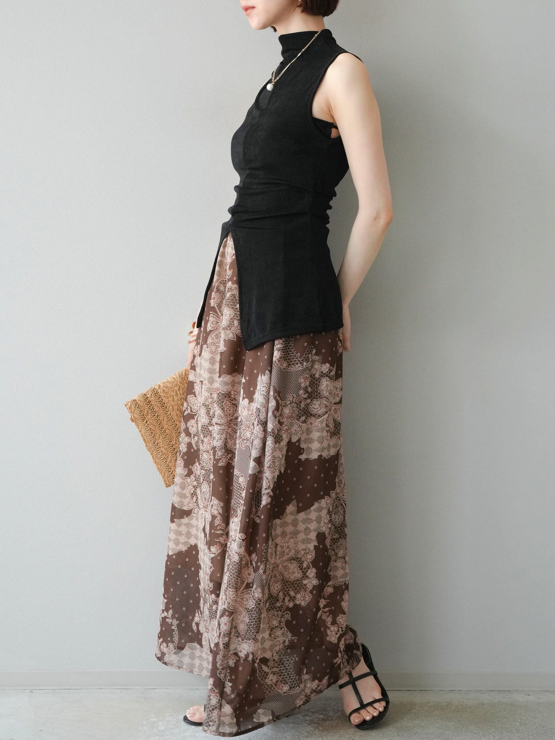 [予約]フラワーパターンフレアスカート/ブラウン