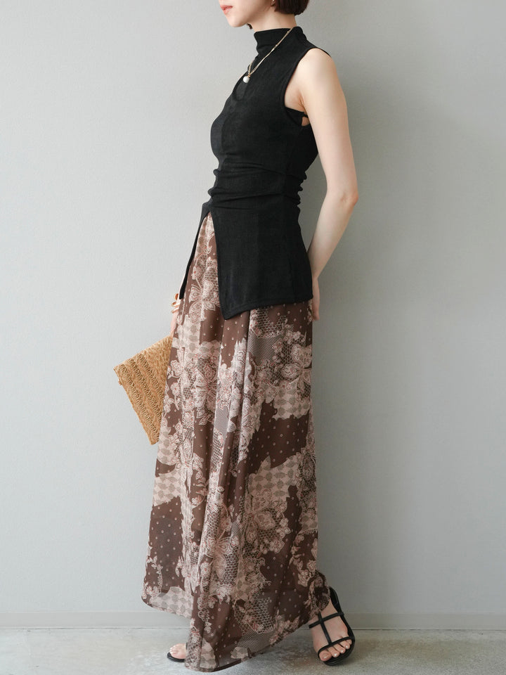 [予約]フラワーパターンフレアスカート/ブラウン