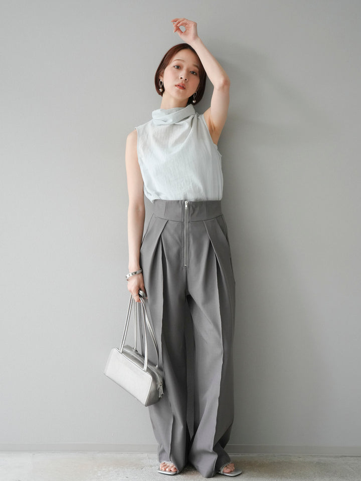 [SET] 後繫帶無袖上衣 + 拉鍊褶襉寬褲 (2 套)