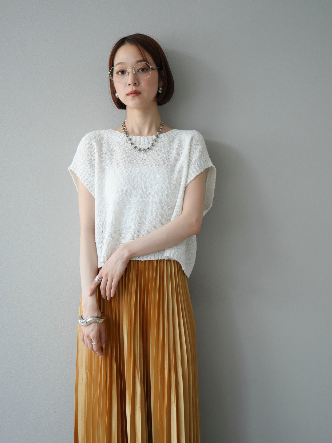 [SET]ネップヤーンクロップドニットベスト+サテンプリーツマキシスカート(2set)